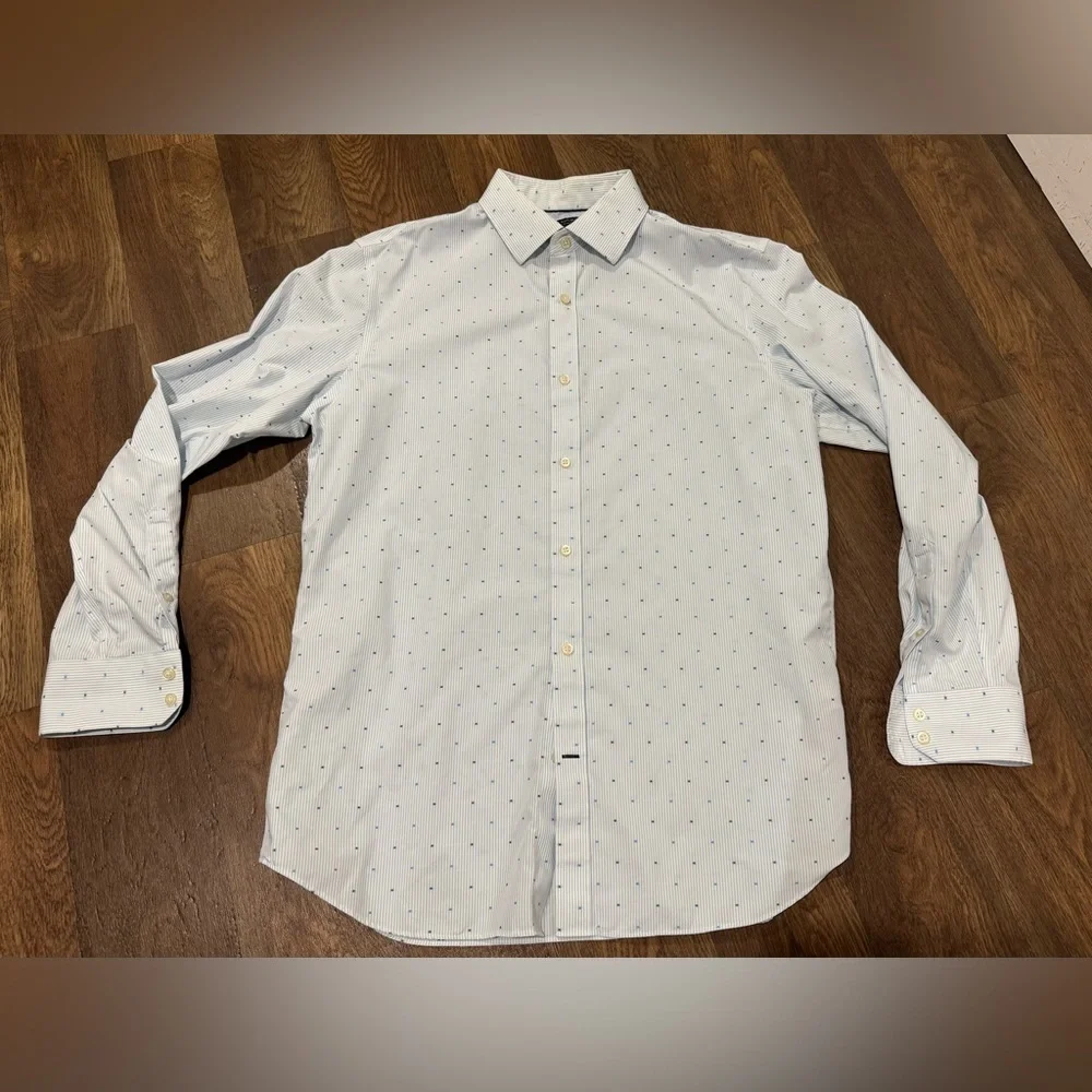 Banana Republic Slim Fit Button Up Shirt Men's Large White Blue Stripe Dots